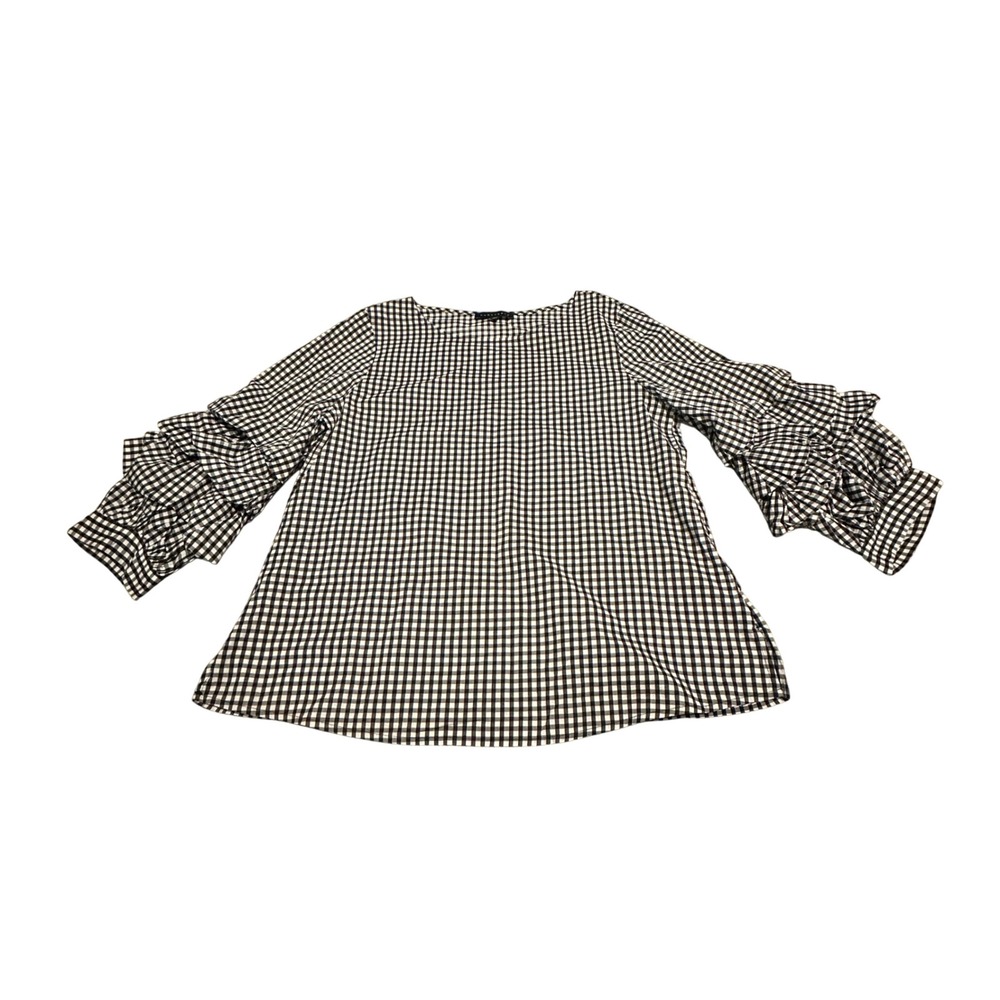 Sanctuary Gingham Ruffle Sleeve‎ Tunic Top Black White Women's Size Medium